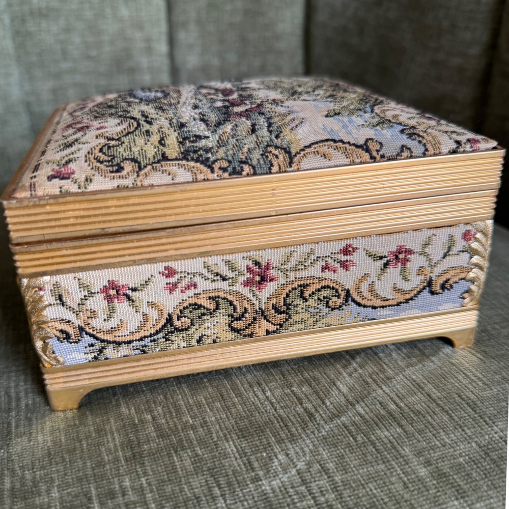 Vintage Tapestry Music Jewelry Box Gold Tone Floral Landscape Velvet Works